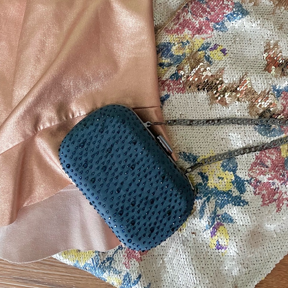 Dark Blue Crystal Studded Pill Bag w/ Chain Strap - Picture 5 of 5